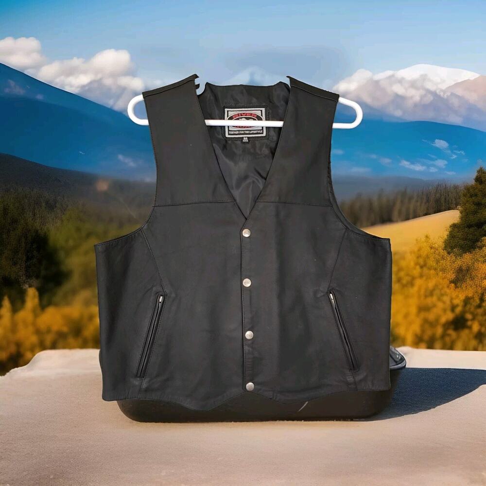 Leather Motorcycle Vest 50 XL Black River Road Jacket Button Moto Sleeveless Rid